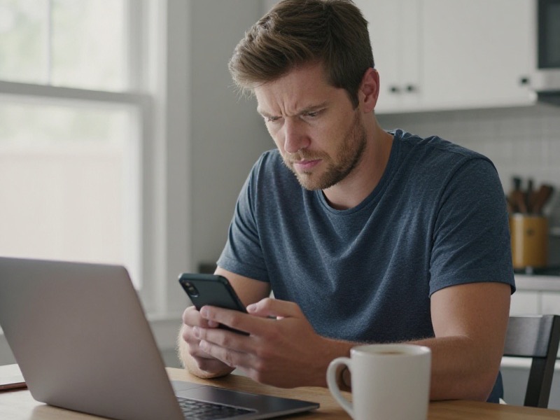 A man in his early thirties sits at a kitchen table with an open laptop and a mug of coffee, frowning skeptically at a message on his phone.