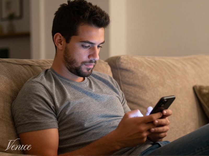 American man comparing free dating apps on his phone at home