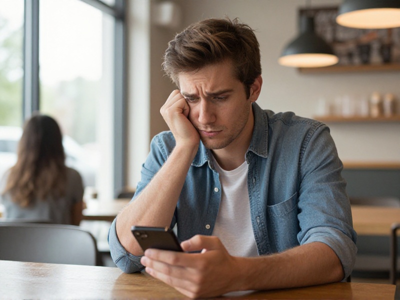 A person checking their phone with a slightly disappointed expression at a coffee shop in warm natural light, respectful modern US setting, modest photo-realistic scene