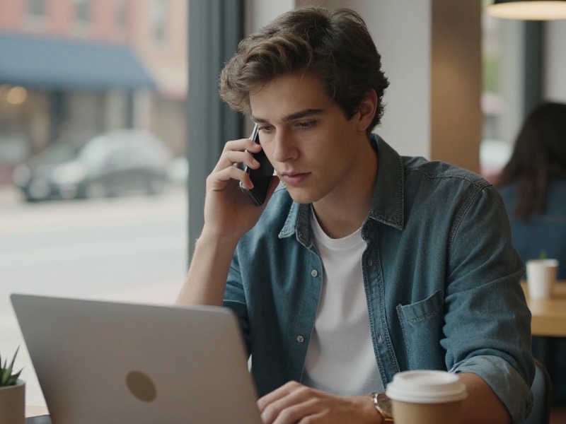 A young man in a denim shirt at a coffee shop window table in a US city, taking a phone call while working on his laptop with a distracted expression, natural daylight