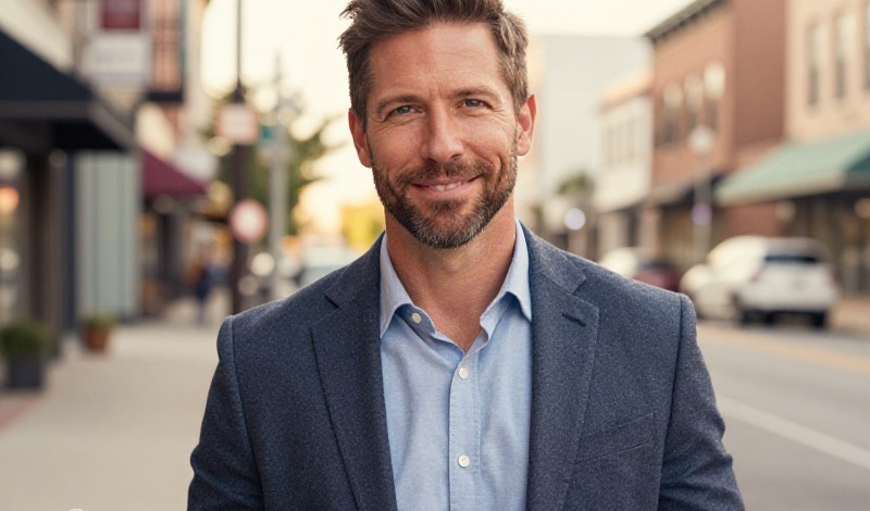 A confident mid-40s American person smiling outdoors in a mid-size US city, warm natural light, hopeful and respectful mood.