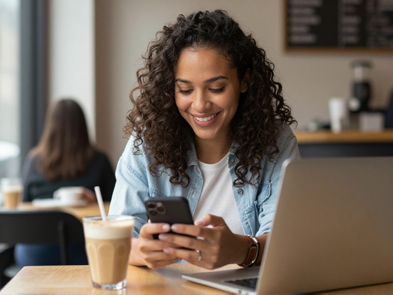 A young American woman sitting at a sunny coffee shop in Chicago, smiling while editing her dating profile bio on her phone, laptop and latte on the table