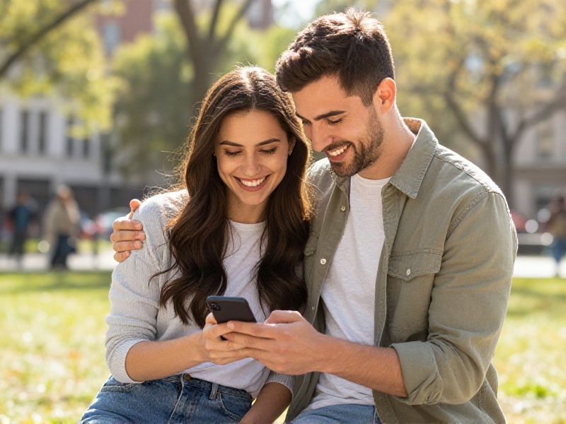 American man and woman in their early thirties laughing over coffee on a sunny outdoor cafe patio, warm natural light, photo-realistic