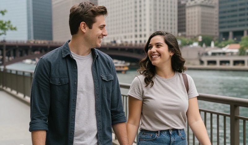 A happy young American couple on a relaxed daytime first date at an outdoor city spot, candid moment in natural light.