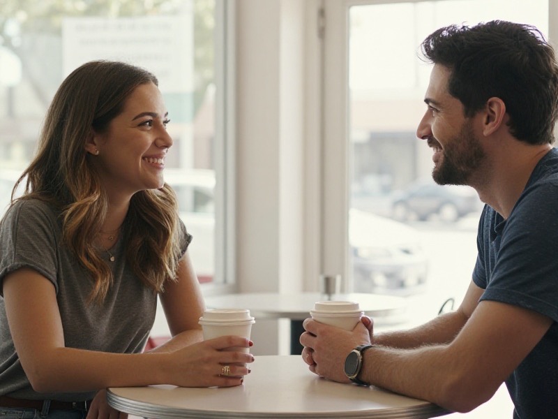A photo-realistic hero image of a man and a woman in their late twenties sitting across a small table at a bright American coffee shop, leaning in and talking animatedly with genuine smiles, coffee cups between them, candid natural light, no visible text