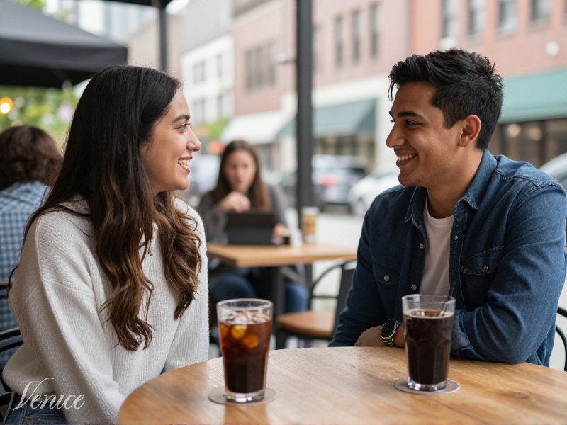 Two American singles meeting at a casual outdoor cafe in a US city