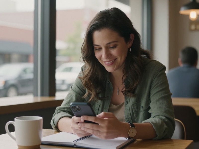 A man and a woman in their early thirties laughing over coffee at a bright neighborhood cafe table in a midwestern US city, both phones face down between them, natural window light