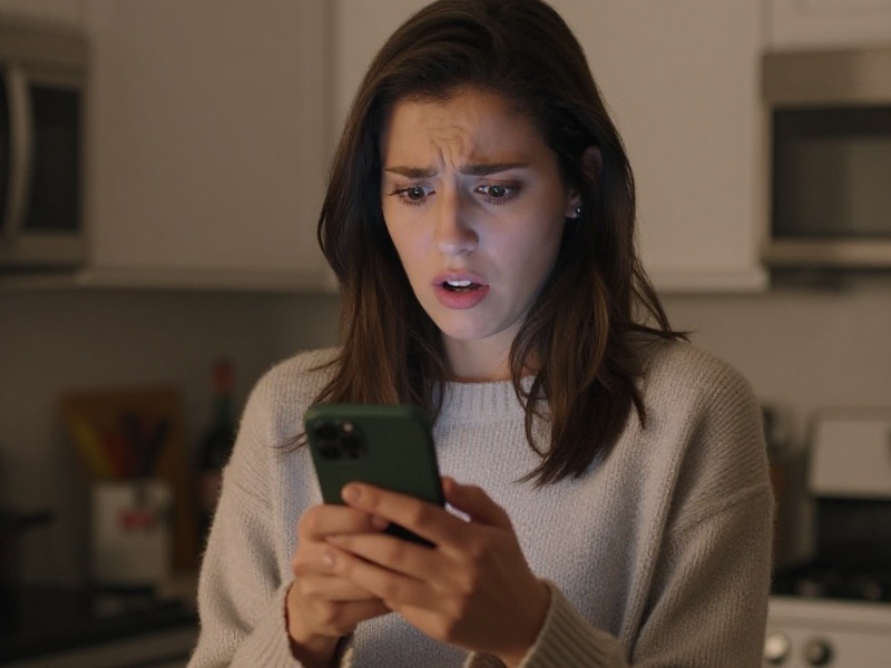A woman in her early thirties sits on a couch in a Columbus apartment at night, frowning slightly at a phone screen crowded with unread messages from a new match.