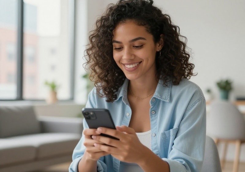 A young American woman smiling while using a dating app on her smartphone in a Chicago apartment