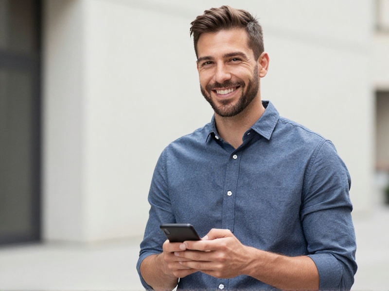 American man in his early thirties smiling naturally at a coffee shop table while looking at his phone, warm daylight through a window, photo-realistic
