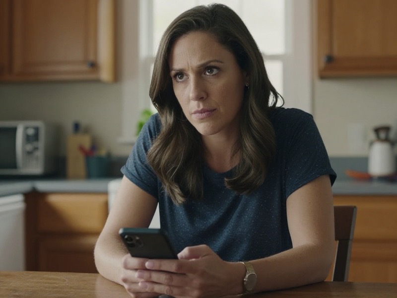 A concerned person reviewing a suspicious money request from a dating match on a phone at a kitchen table