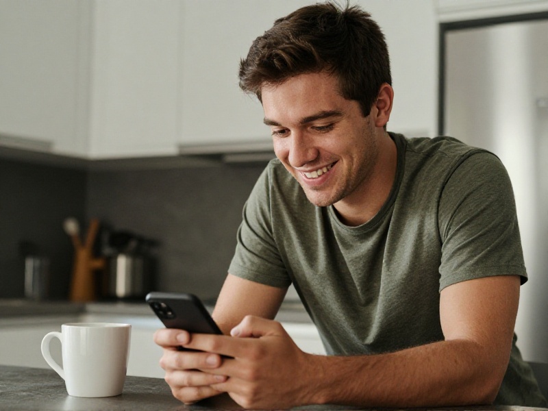 A young American adult smiling at a phone the morning after a date, standing in a sunny kitchen with a coffee mug, warm natural light