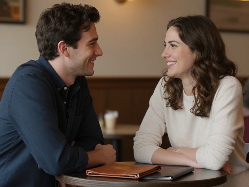 A photo-realistic hero image of a man and a woman in their early thirties sitting at a bright American restaurant table in the early evening, both smiling as the server sets the check down between them, warm natural light, no visible text.